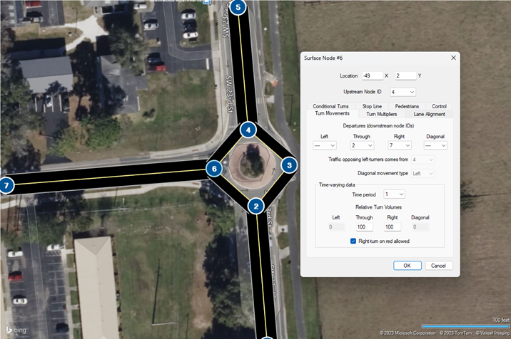 TSIS-CORSIM with a map-view of a roundabout with the properties settings of Surface Node 6 open.