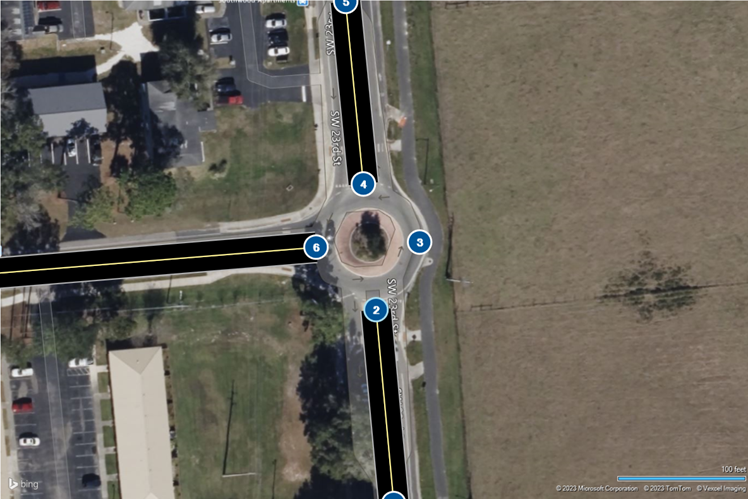 TSIS-CORSIM with a map-view of a roundabout with detailed Geometry Input