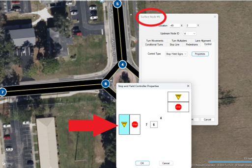 TSIS-CORSIM with a map-view of a roundabout with Stop and Yield Controller Properties settings.