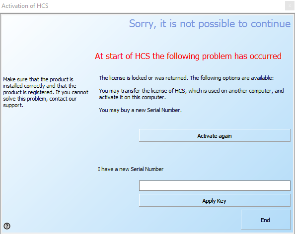 Activation of HCS page with options on how to Activate Again