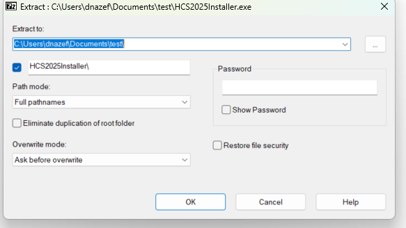 Prompt for HCS202XInstaller extraction file location