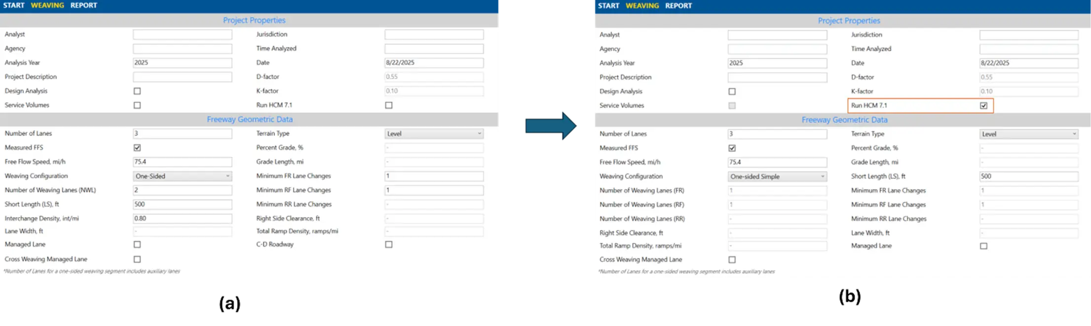 HCS Input screens for weaving analysis – (a) HCM7 and (b) new method